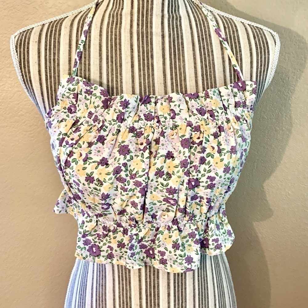 HYFVE Crop Top Small White Floral Purple Yellow Green Ties Ruffles Boho